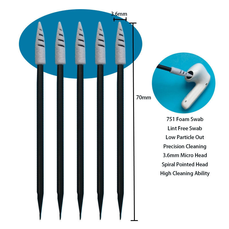 751 Без линта Черная ручка Спиральная конечная автомобильная чистка Детализированный мазок Пеновой наконечник Чистая комната Мазок для чистки наушников